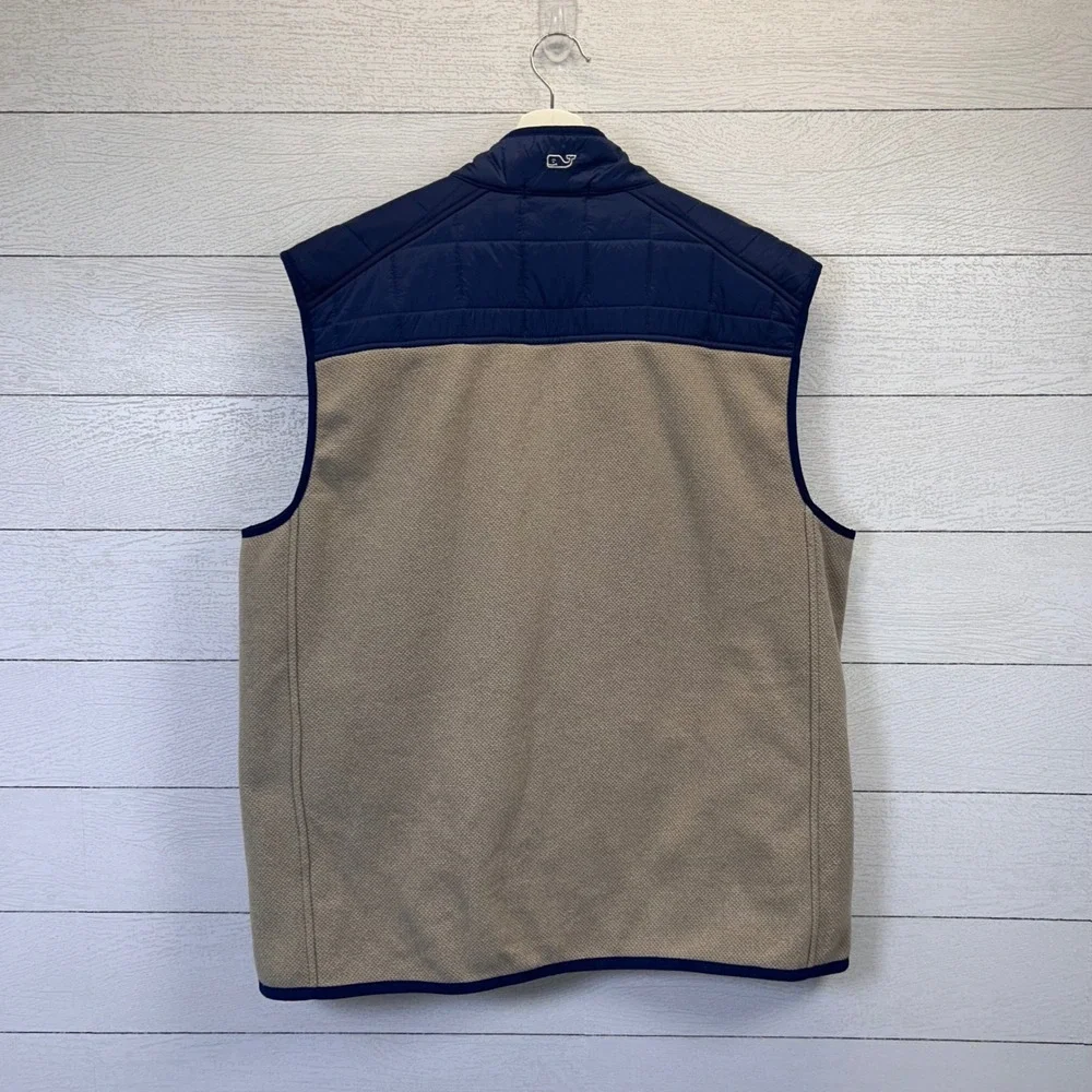 Vineyard Vines Mens XL Hybrid Quilted Vest Tan Blue Full Zip Mock Neck Preppy